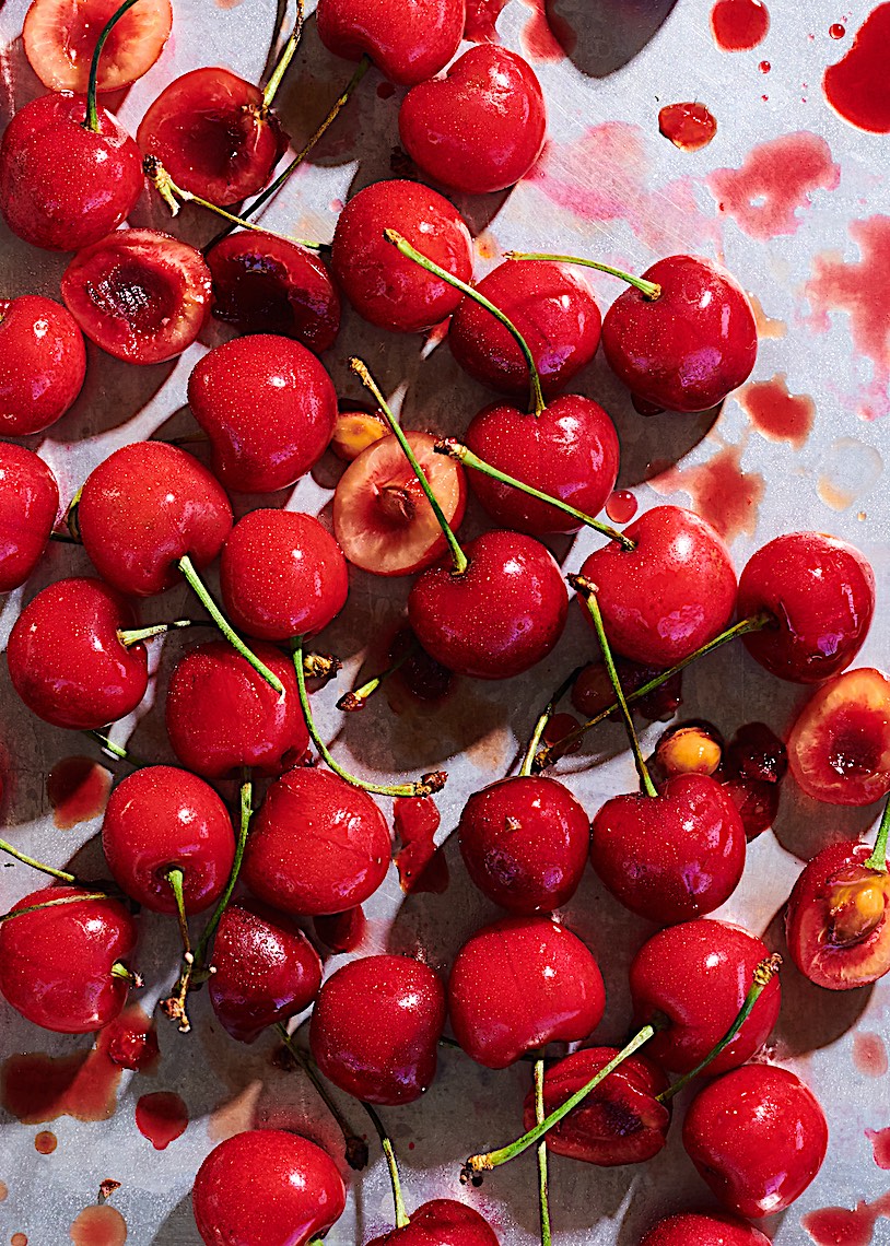 Cherries summer cut on sheet pan by commercial food photographer Sarah Flotard  